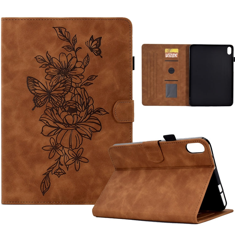 For Lenovo Tab P11 Peony Butterfly Embossed Leather Smart Tablet Case(Brown) by bashfashion