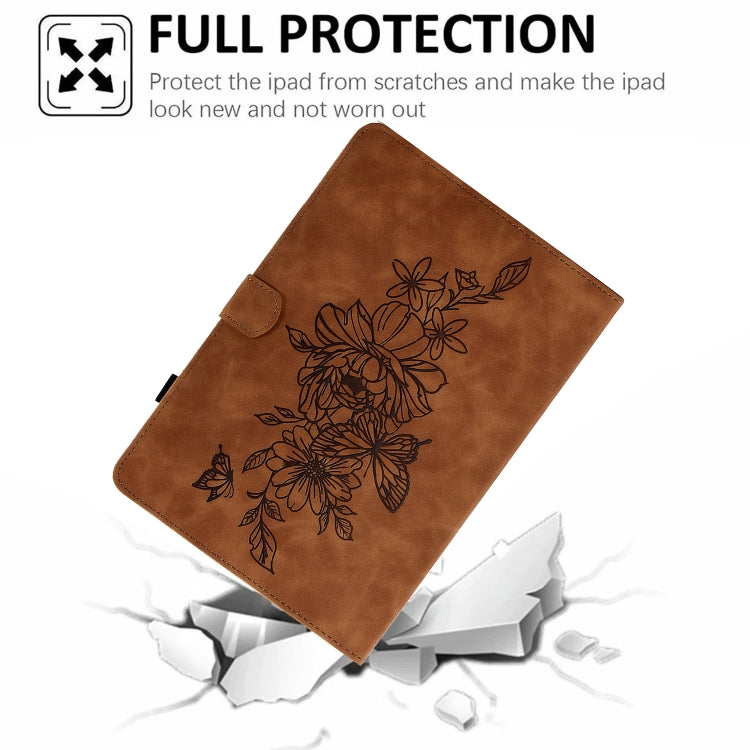 For Lenovo Tab P11 Peony Butterfly Embossed Leather Smart Tablet Case(Brown) by bashfashion