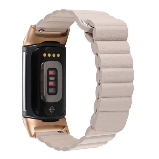 For Fitbit Charge 5 Magnetic Loop Leather Watch Band(Khaki) by bashfashion