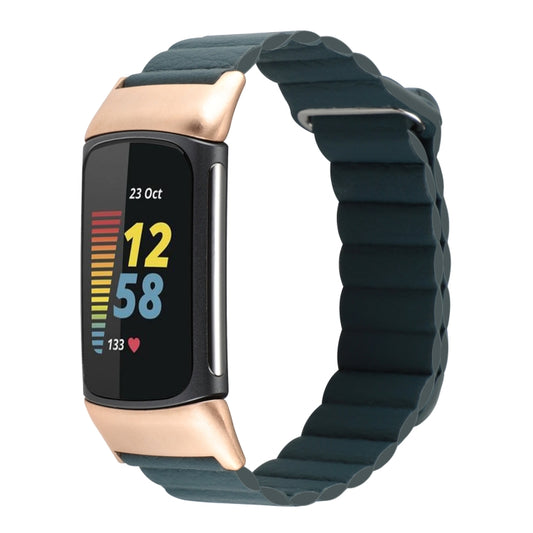 For Fitbit Charge 5 Magnetic Loop Leather Watch Band(Pine Green) by bashfashion