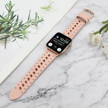 Punk Rivet Genuine Leather Watch Band For Apple Watch Ultra 49mm&Watch Ultra 2 49mm / Series 9&8&7 45mm / SE 3&SE 2&6&SE&5&4 44mm / 3&2&1 42mm(Pink) by bashfashion