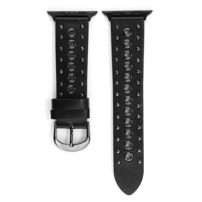 Punk Rivet Genuine Leather Watch Band For Apple Watch Ultra 49mm&Watch Ultra 2 49mm / Series 9&8&7 45mm / SE 3&SE 2&6&SE&5&4 44mm / 3&2&1 42mm(Black) by bashfashion