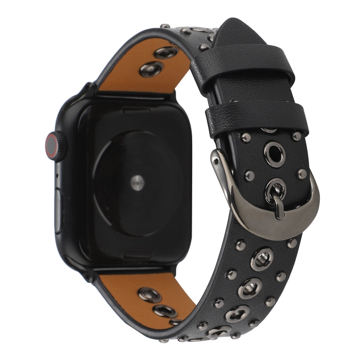 Punk Rivet Genuine Leather Watch Band For Apple Watch Ultra 49mm&Watch Ultra 2 49mm / Series 9&8&7 45mm / SE 3&SE 2&6&SE&5&4 44mm / 3&2&1 42mm(Black) by bashfashion