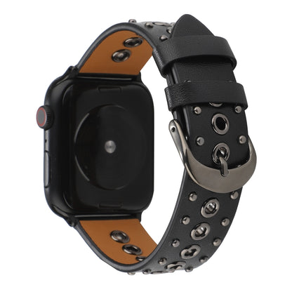 Punk Rivet Genuine Leather Watch Band For Apple Watch Ultra 49mm&Watch Ultra 2 49mm / Series 9&8&7 45mm / SE 3&SE 2&6&SE&5&4 44mm / 3&2&1 42mm(Black) by bashfashion