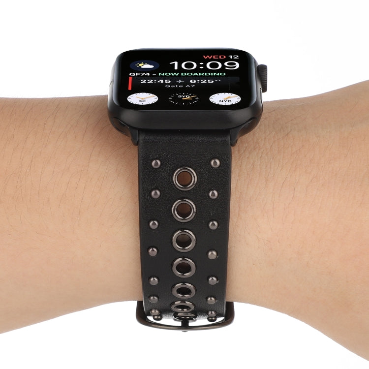 Punk Rivet Genuine Leather Watch Band For Apple Watch Ultra 49mm&Watch Ultra 2 49mm / Series 9&8&7 45mm / SE 3&SE 2&6&SE&5&4 44mm / 3&2&1 42mm(Black) by bashfashion