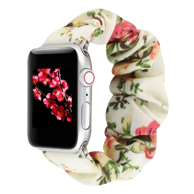 For Apple Watch Series 7 45mm / 6 & SE & 5 & 4 44mm / 3 & 2 & 1 42mm Cloth + Stainless Steel Hair Ring Watch Band(Flowers) by bashfashion