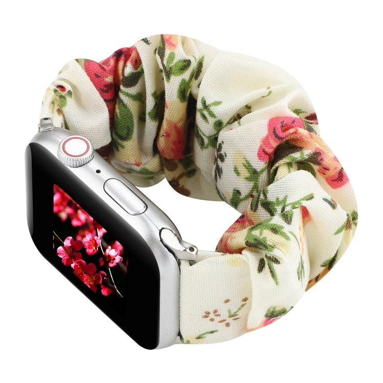 For Apple Watch Series 7 45mm / 6 & SE & 5 & 4 44mm / 3 & 2 & 1 42mm Cloth + Stainless Steel Hair Ring Watch Band(Flowers) by bashfashion