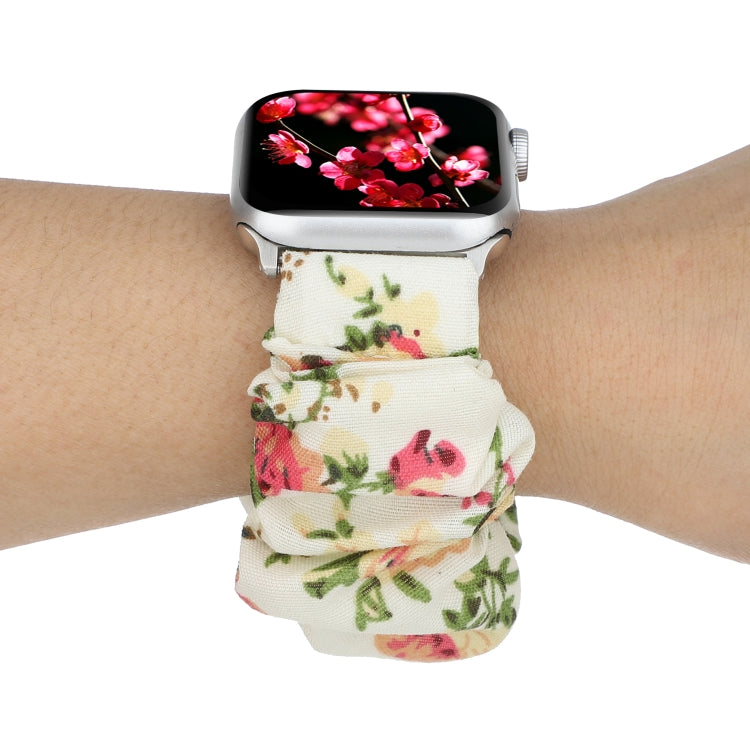 For Apple Watch Series 7 45mm / 6 & SE & 5 & 4 44mm / 3 & 2 & 1 42mm Cloth + Stainless Steel Hair Ring Watch Band(Flowers) by bashfashion