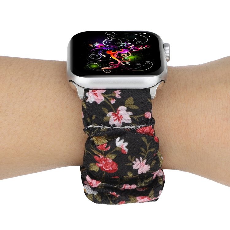 For Apple Watch Ultra 49mm&Watch Ultra 2 49mm / Series 9&8&7 45mm / SE 3&SE 2&6&SE&5&4 44mm / 3&2&1 42mm Cloth + Stainless Steel Hair Ring Watch Band(Small Floral) by bashfashion