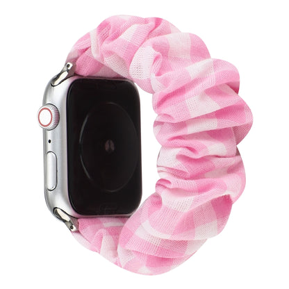 For Apple Watch Series 7 41mm / 6 & SE & 5 & 4 40mm / 3 & 2 & 1 38mm Plaid Pattern Cloth + Stainless Steel Hair Ring Watch Band(Pink) by bashfashion