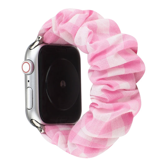 For Apple Watch Series 7 41mm / 6 & SE & 5 & 4 40mm / 3 & 2 & 1 38mm Plaid Pattern Cloth + Stainless Steel Hair Ring Watch Band(Pink) by bashfashion