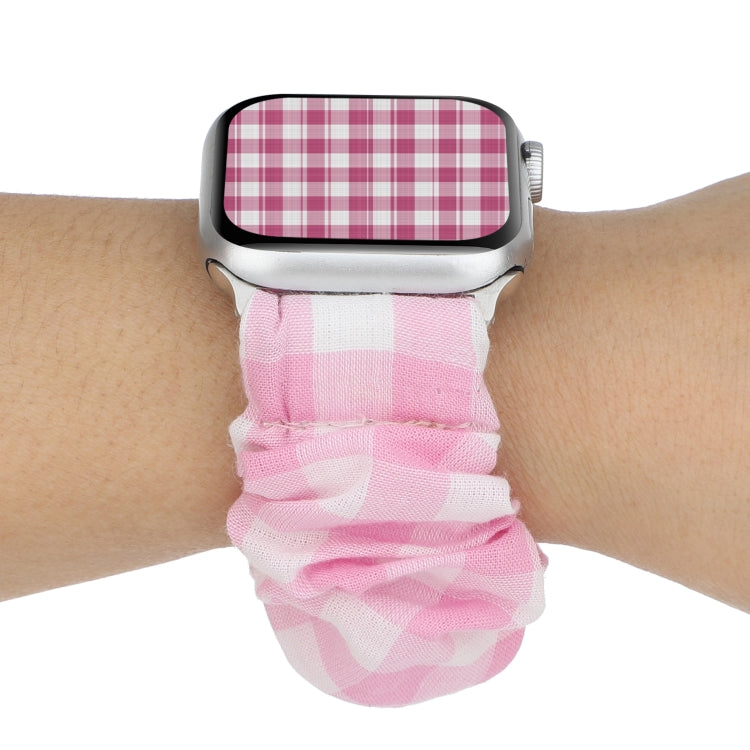For Apple Watch Series 7 41mm / 6 & SE & 5 & 4 40mm / 3 & 2 & 1 38mm Plaid Pattern Cloth + Stainless Steel Hair Ring Watch Band(Pink) by bashfashion