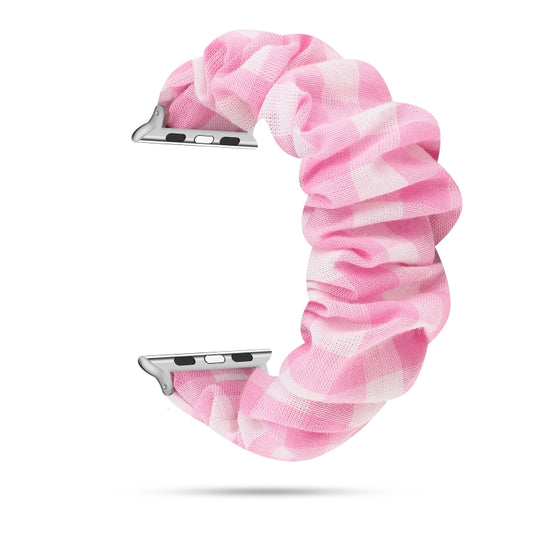 For Apple Watch Series 7 45mm / 6 & SE & 5 & 4 44mm / 3 & 2 & 1 42mm Plaid Pattern Cloth + Stainless Steel Hair Ring Watch Band(Pink) by bashfashion
