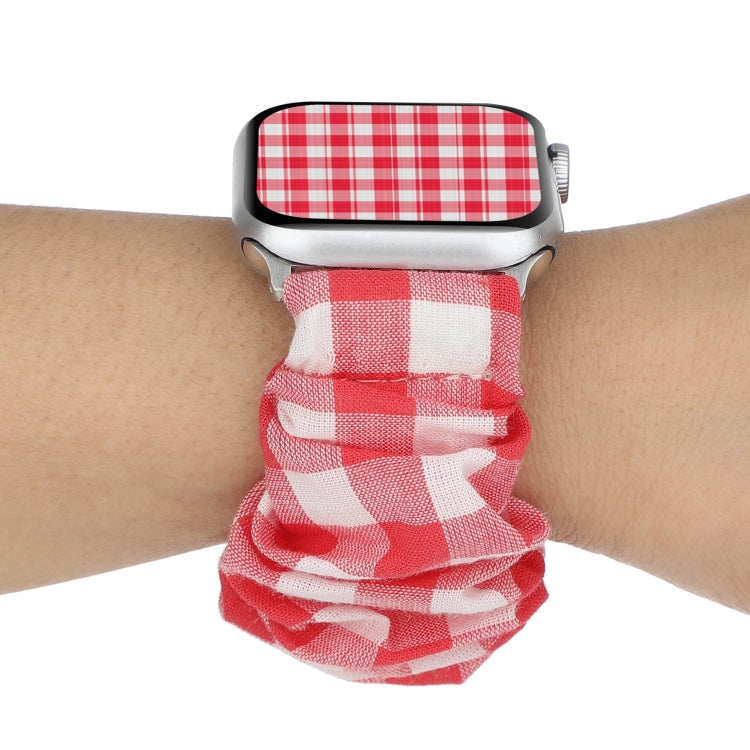 For Apple Watch Series 7 45mm / 6 & SE & 5 & 4 44mm / 3 & 2 & 1 42mm Plaid Pattern Cloth + Stainless Steel Hair Ring Watch Band(Red) by bashfashion