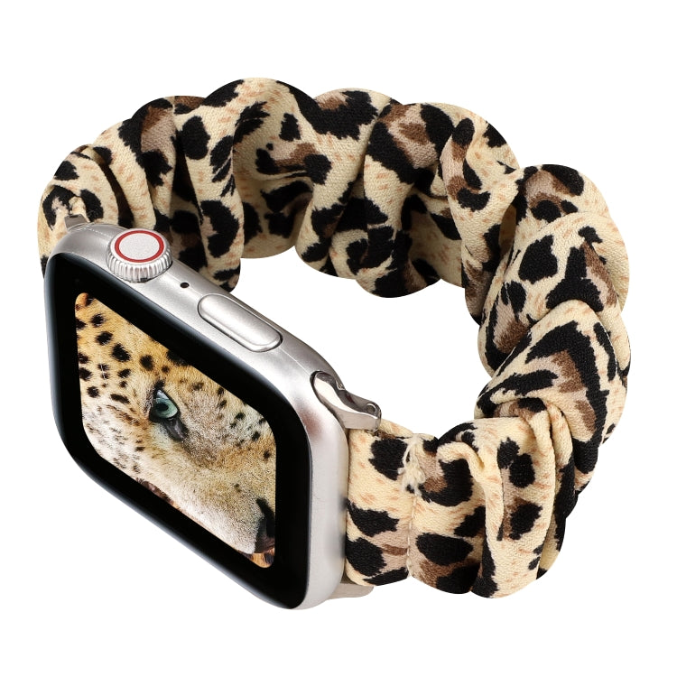 For Apple Watch Series 9&8&7 41mm / SE 3&SE 2&6&SE&5&4 40mm / 3&2&1 38mm Cloth + Stainless Steel Hair Ring Watch Band(Leopard Print) by bashfashion