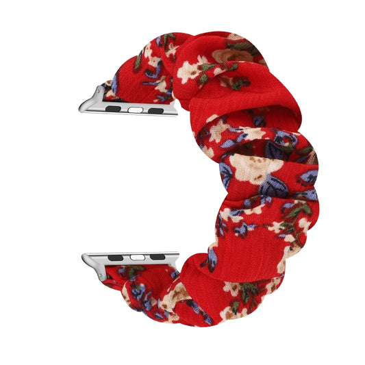 For Apple Watch Series 9&8&7 41mm / SE 3&SE 2&6&SE&5&4 40mm / 3&2&1 38mm Cloth + Stainless Steel Hair Ring Watch Band(Big Red Flower) by bashfashion