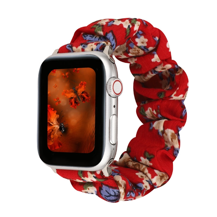 For Apple Watch Series 9&8&7 41mm / SE 3&SE 2&6&SE&5&4 40mm / 3&2&1 38mm Cloth + Stainless Steel Hair Ring Watch Band(Big Red Flower) by bashfashion