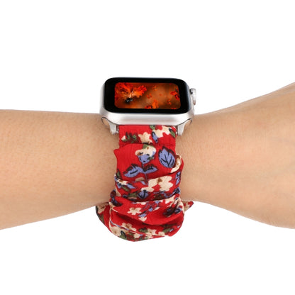 For Apple Watch Ultra 49mm&Watch Ultra 2 49mm / Series 9&8&7 45mm / SE 3&SE 2&6&SE&5&4 44mm / 3&2&1 42mm Cloth + Stainless Steel Hair Ring Watch Band(Big Red Flower) by bashfashion