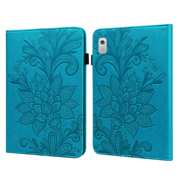 For Lenovo Tab M9 Lace Flower Embossing Pattern Leather Tablet Case(Blue) by bashfashion