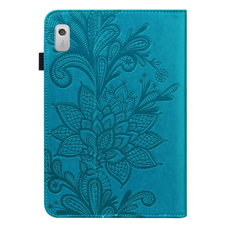 For Lenovo Tab M9 Lace Flower Embossing Pattern Leather Tablet Case(Blue) by bashfashion