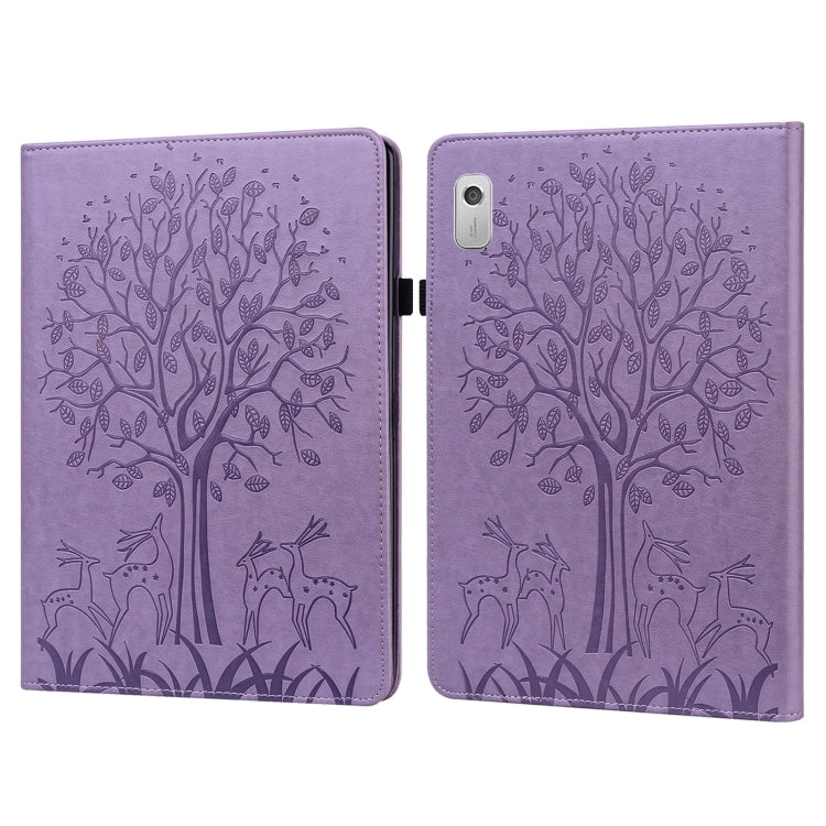For Lenovo Tab M8 4th Gen TB-300FU Tree & Deer Pattern Embossed Leather Tablet Case(Purple) by bashfashion