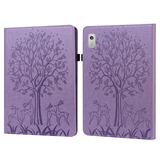 For Lenovo Tab M8 4th Gen TB-300FU Tree & Deer Pattern Embossed Leather Tablet Case(Purple) by bashfashion