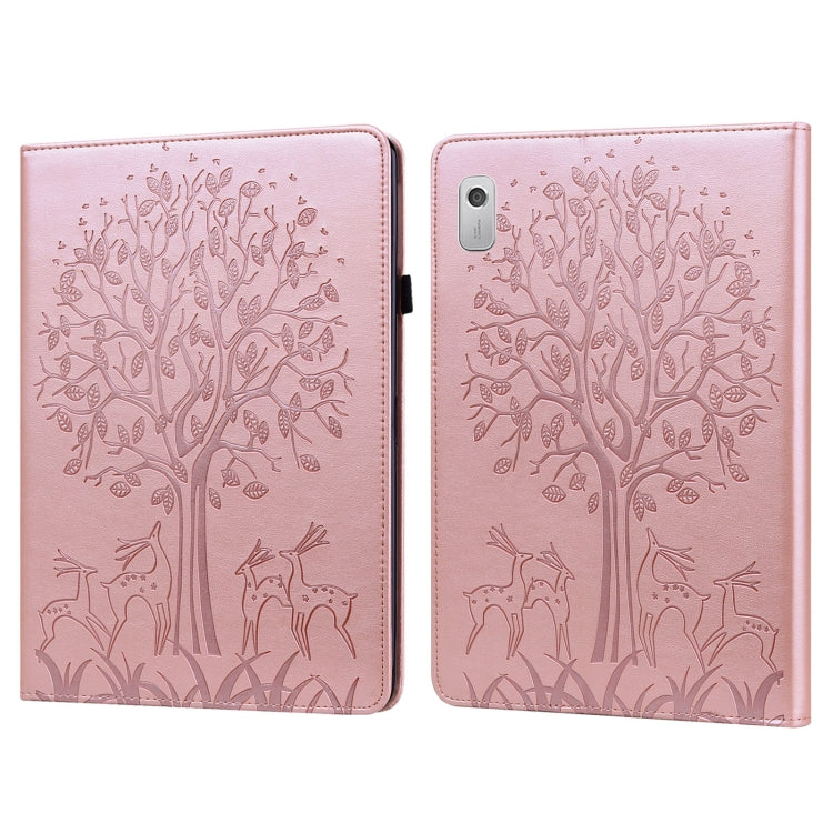 For Lenovo Tab M9 Tree & Deer Pattern Embossed Leather Tablet Case(Pink) by bashfashion