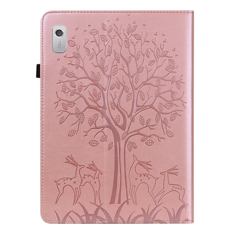 For Lenovo Tab M9 Tree & Deer Pattern Embossed Leather Tablet Case(Pink) by bashfashion