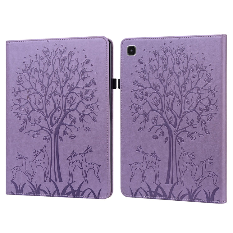 For Samsung Galaxy Tab A7 Lite T220 Tree & Deer Pattern Embossed Leather Tablet Case(Purple) by bashfashion