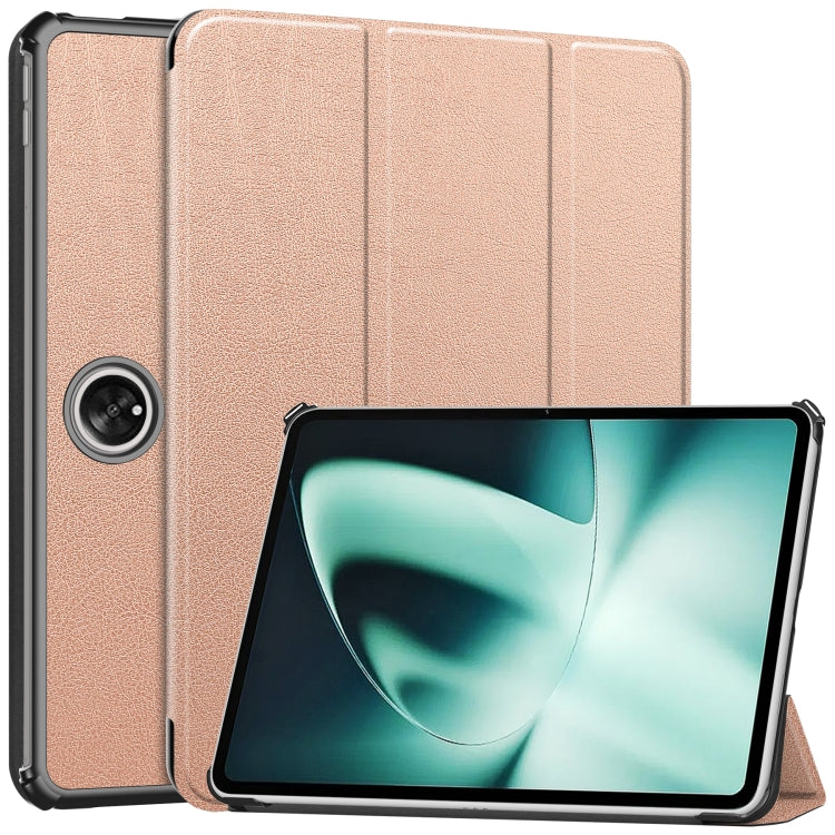 For OnePlus Pad Custer Pure Color 3-Fold Holder Smart Leather Tablet Case(Rose Gold) by bashfashion