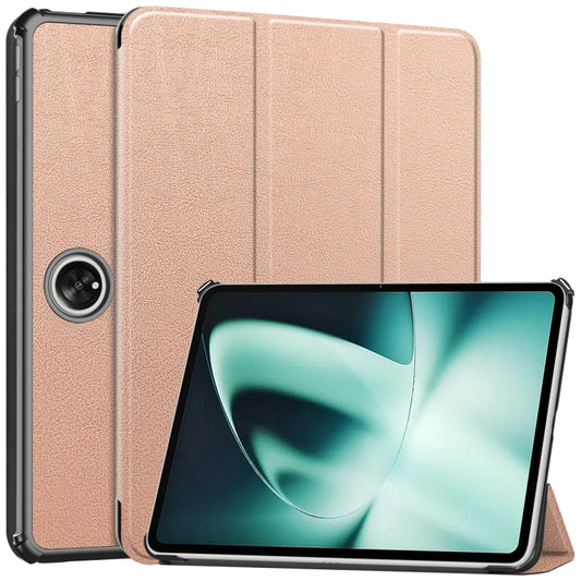 For OnePlus Pad Custer Pure Color 3-Fold Holder Smart Leather Tablet Case(Rose Gold) by bashfashion