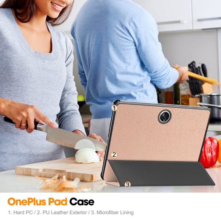 For OnePlus Pad Custer Pure Color 3-Fold Holder Smart Leather Tablet Case(Rose Gold) by bashfashion