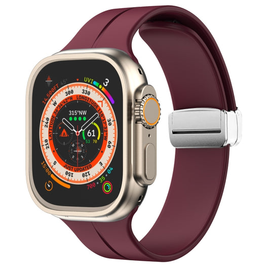 Magnetic Fold Clasp Silicone Watch Band For Apple Watch Ultra 49mm&Watch Ultra 2 49mm / Series 9&8&7 45mm / SE 3&SE 2&6&SE&5&4 44mm / 3&2&1 42mm(Wine Red) by bashfashion