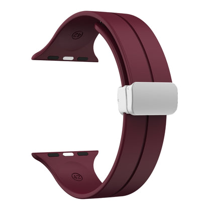 Magnetic Fold Clasp Silicone Watch Band For Apple Watch Ultra 49mm&Watch Ultra 2 49mm / Series 9&8&7 45mm / SE 3&SE 2&6&SE&5&4 44mm / 3&2&1 42mm(Wine Red) by bashfashion