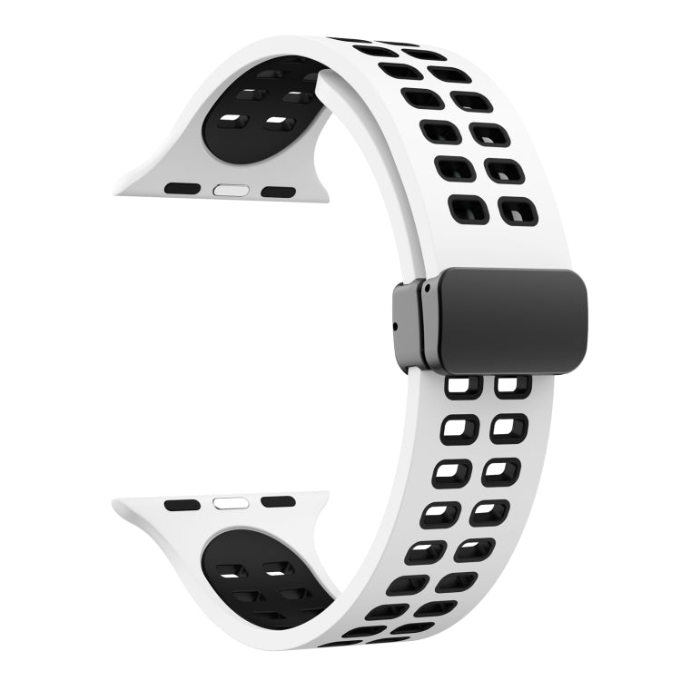 Magnetic Fold Clasp Square Holes Silicone Watch Band For Apple Watch Ultra 49mm&Watch Ultra 2 49mm / Series 9&8&7 45mm / SE 3&SE 2&6&SE&5&4 44mm / 3&2&1 42mm(White Black) by bashfashion