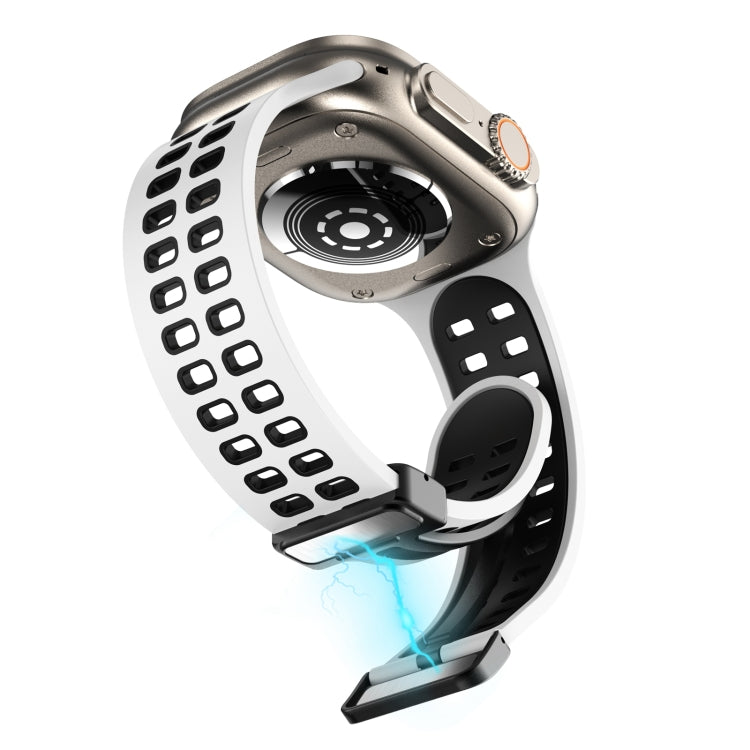 Magnetic Fold Clasp Square Holes Silicone Watch Band For Apple Watch Ultra 49mm&Watch Ultra 2 49mm / Series 9&8&7 45mm / SE 3&SE 2&6&SE&5&4 44mm / 3&2&1 42mm(White Black) by bashfashion