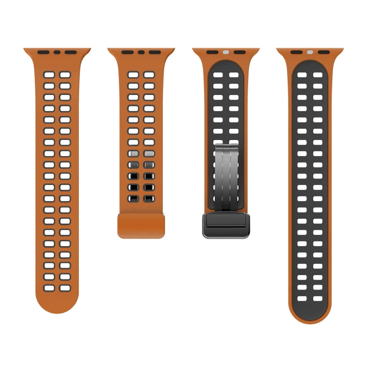 Magnetic Fold Clasp Square Holes Silicone Watch Band For Apple Watch Ultra 49mm&Watch Ultra 2 49mm / Series 9&8&7 45mm / SE 3&SE 2&6&SE&5&4 44mm / 3&2&1 42mm(Orange Black) by bashfashion