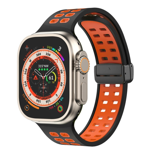 Magnetic Fold Clasp Square Holes Silicone Watch Band For Apple Watch Ultra 49mm&Watch Ultra 2 49mm / Series 9&8&7 45mm / SE 3&SE 2&6&SE&5&4 44mm / 3&2&1 42mm(Black Orange) by bashfashion