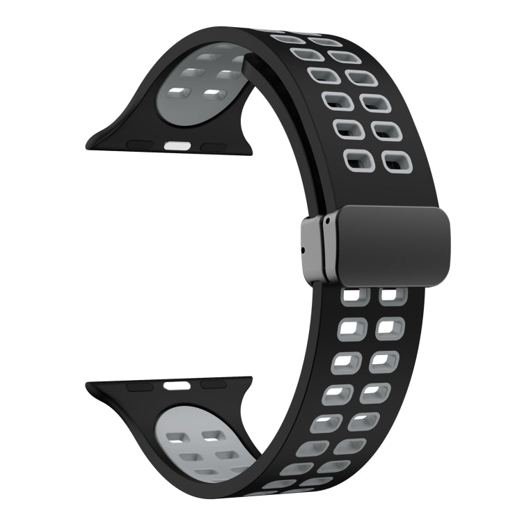 Magnetic Fold Clasp Square Holes Silicone Watch Band For Apple Watch Ultra 49mm&Watch Ultra 2 49mm / Series 9&8&7 45mm / SE 3&SE 2&6&SE&5&4 44mm / 3&2&1 42mm(Black Grey) by bashfashion