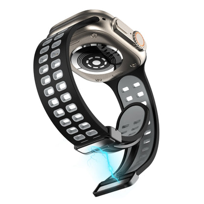 Magnetic Fold Clasp Square Holes Silicone Watch Band For Apple Watch Ultra 49mm&Watch Ultra 2 49mm / Series 9&8&7 45mm / SE 3&SE 2&6&SE&5&4 44mm / 3&2&1 42mm(Black Grey) by bashfashion