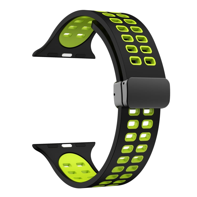 Magnetic Fold Clasp Square Holes Silicone Watch Band For Apple Watch Ultra 49mm&Watch Ultra 2 49mm / Series 9&8&7 45mm / SE 3&SE 2&6&SE&5&4 44mm / 3&2&1 42mm(Black Fluorescent Green) by bashfashion