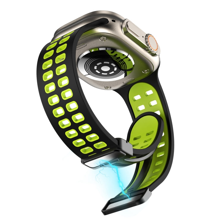 Magnetic Fold Clasp Square Holes Silicone Watch Band For Apple Watch Ultra 49mm&Watch Ultra 2 49mm / Series 9&8&7 45mm / SE 3&SE 2&6&SE&5&4 44mm / 3&2&1 42mm(Black Fluorescent Green) by bashfashion