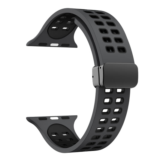 Magnetic Fold Clasp Square Holes Silicone Watch Band For Apple Watch Ultra 49mm&Watch Ultra 2 49mm / Series 9&8&7 45mm / SE 3&SE 2&6&SE&5&4 44mm / 3&2&1 42mm(Coal Black) by bashfashion