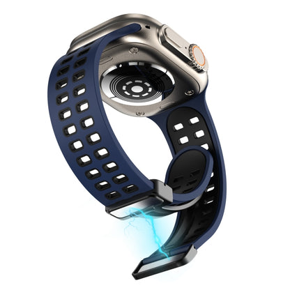 Magnetic Fold Clasp Square Holes Silicone Watch Band For Apple Watch Ultra 49mm&Watch Ultra 2 49mm / Series 9&8&7 45mm / SE 3&SE 2&6&SE&5&4 44mm / 3&2&1 42mm(Dark Blue Black) by bashfashion