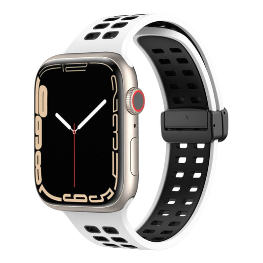 Magnetic Fold Clasp Square Holes Silicone Watch Band For Apple Watch Series 9&8&7 41mm / SE 3&SE 2&6&SE&5&4 40mm / 3&2&1 38mm(White Black) by bashfashion