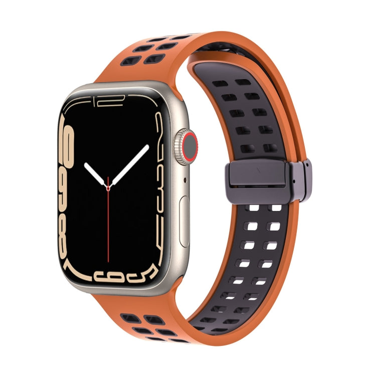Magnetic Fold Clasp Square Holes Silicone Watch Band For Apple Watch Series 9&8&7 41mm / SE 3&SE 2&6&SE&5&4 40mm / 3&2&1 38mm(Orange Black) by bashfashion