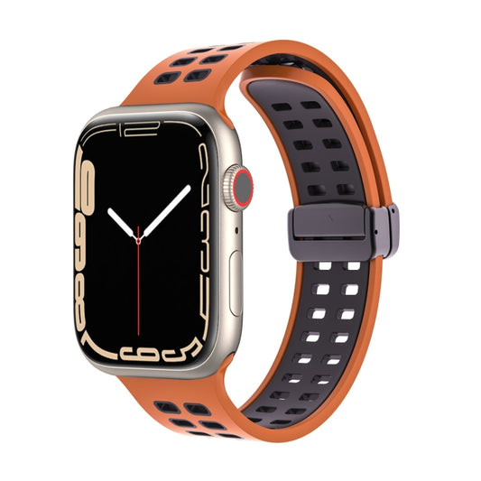 Magnetic Fold Clasp Square Holes Silicone Watch Band For Apple Watch Series 9&8&7 41mm / SE 3&SE 2&6&SE&5&4 40mm / 3&2&1 38mm(Orange Black) by bashfashion