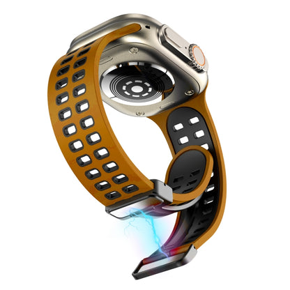 Magnetic Fold Clasp Square Holes Silicone Watch Band For Apple Watch Series 9&8&7 41mm / SE 3&SE 2&6&SE&5&4 40mm / 3&2&1 38mm(Orange Black) by bashfashion