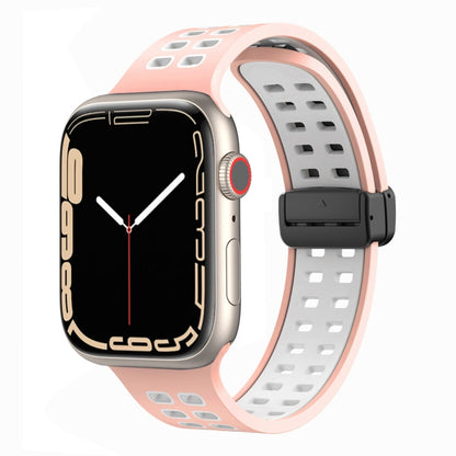 Magnetic Fold Clasp Square Holes Silicone Watch Band For Apple Watch Series 9&8&7 41mm / SE 3&SE 2&6&SE&5&4 40mm / 3&2&1 38mm(Pink White) by bashfashion
