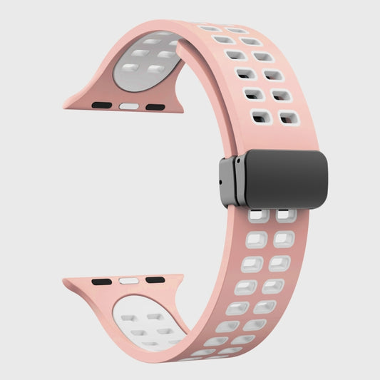 Magnetic Fold Clasp Square Holes Silicone Watch Band For Apple Watch Series 9&8&7 41mm / SE 3&SE 2&6&SE&5&4 40mm / 3&2&1 38mm(Pink White) by bashfashion
